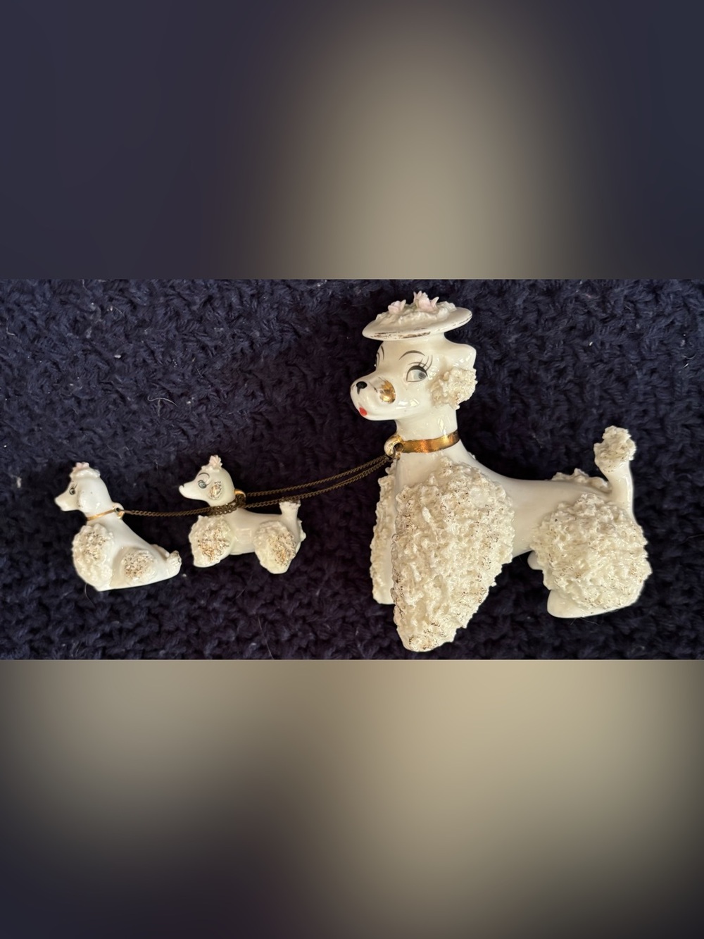 Vintage White Spaghetti Poodle Figurine Set Mom 2 Puppies Chain Japan 1950s MCM